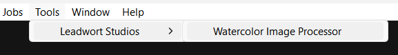 Figure 1, the Tools > Leadwort Studios > Watercolor Image Processor menu path