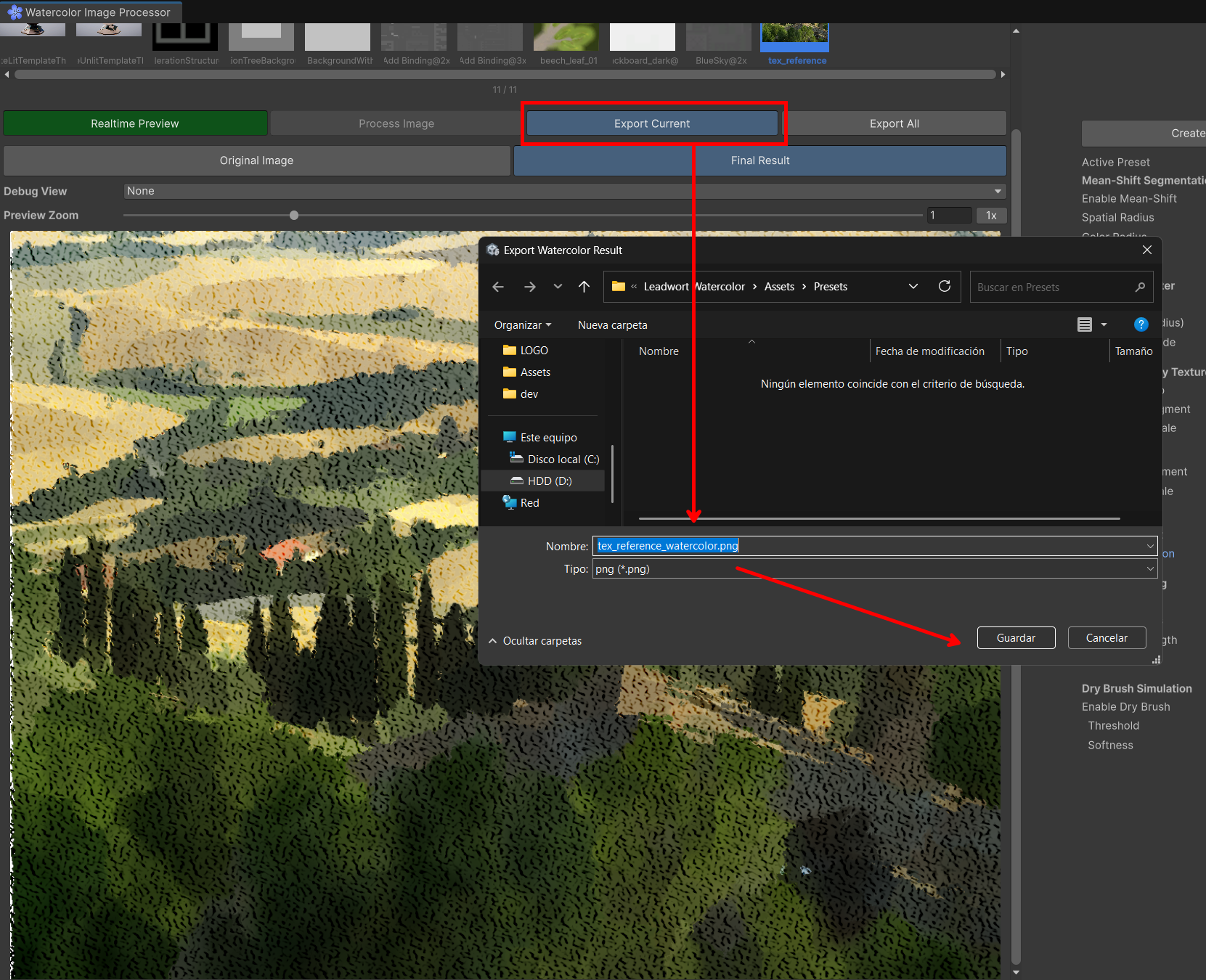Figure 19, comparison with Dry Brush disabled vs. enabled at a mid-range Threshold