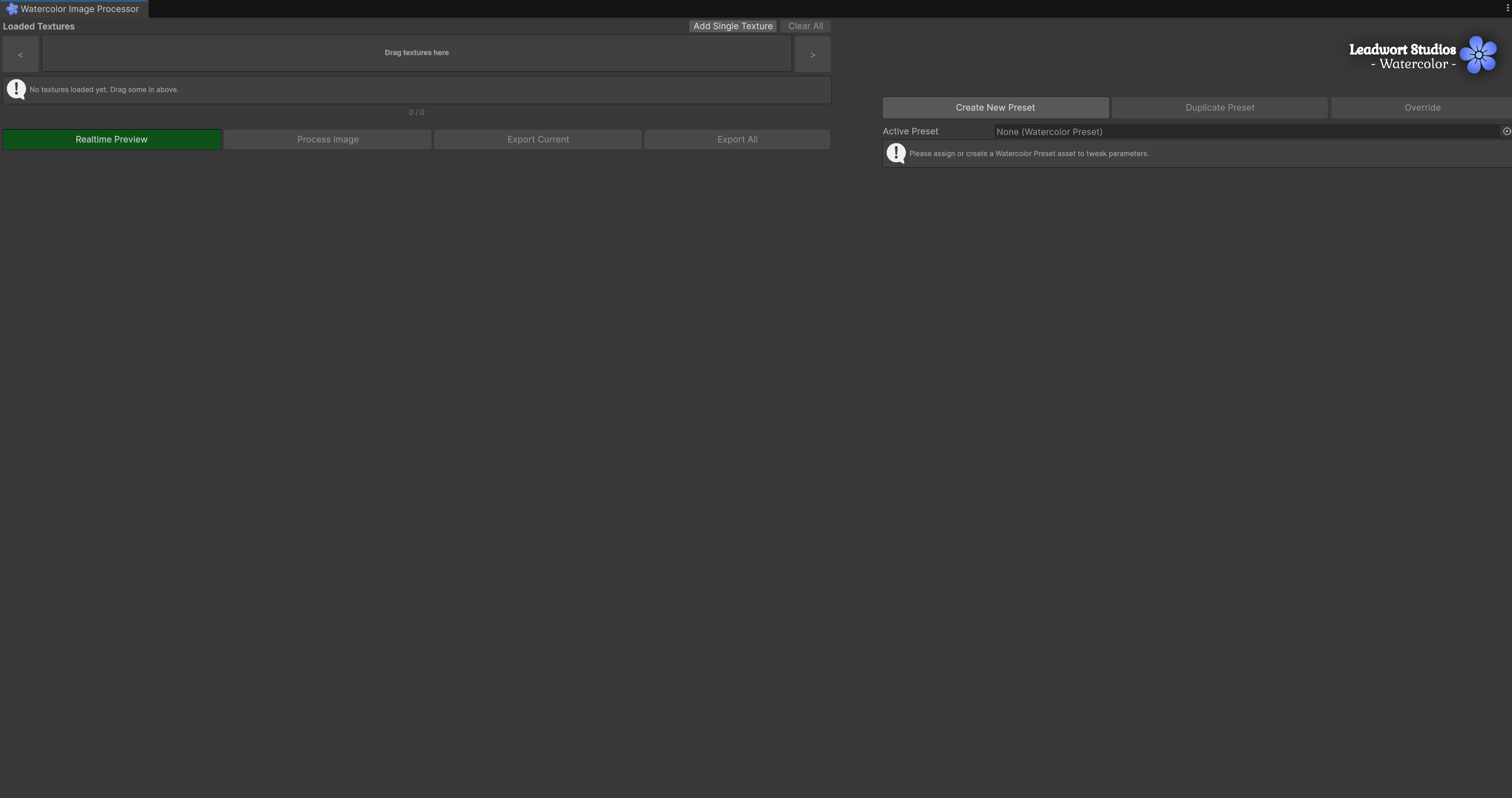 Figure 2, the window right after opening, with no texture or preset loaded yet