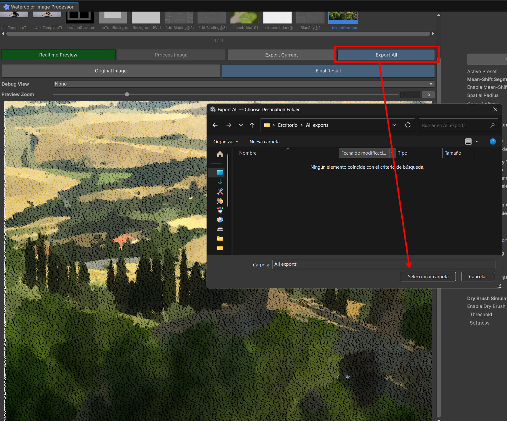 Figure 20, the Export Current button and the native save dialog with a default filename