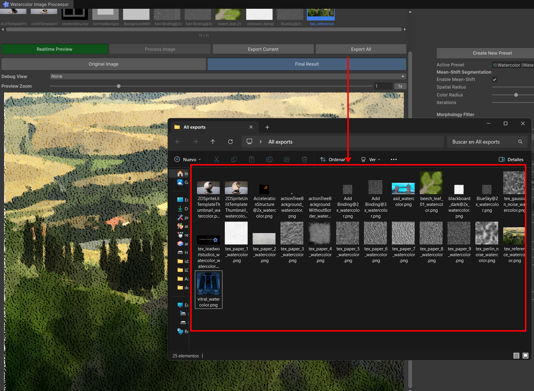 Figure 21, the Export All button, the folder-selection dialog, and the cancelable progress bar mid-batch