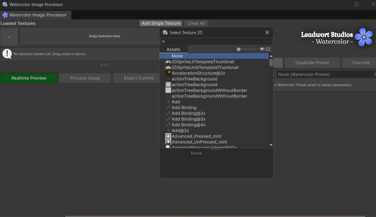 Figure 3, the Loaded Textures panel with the drop area, Add Single Texture and Clear All buttons, and a few loaded thumbnails