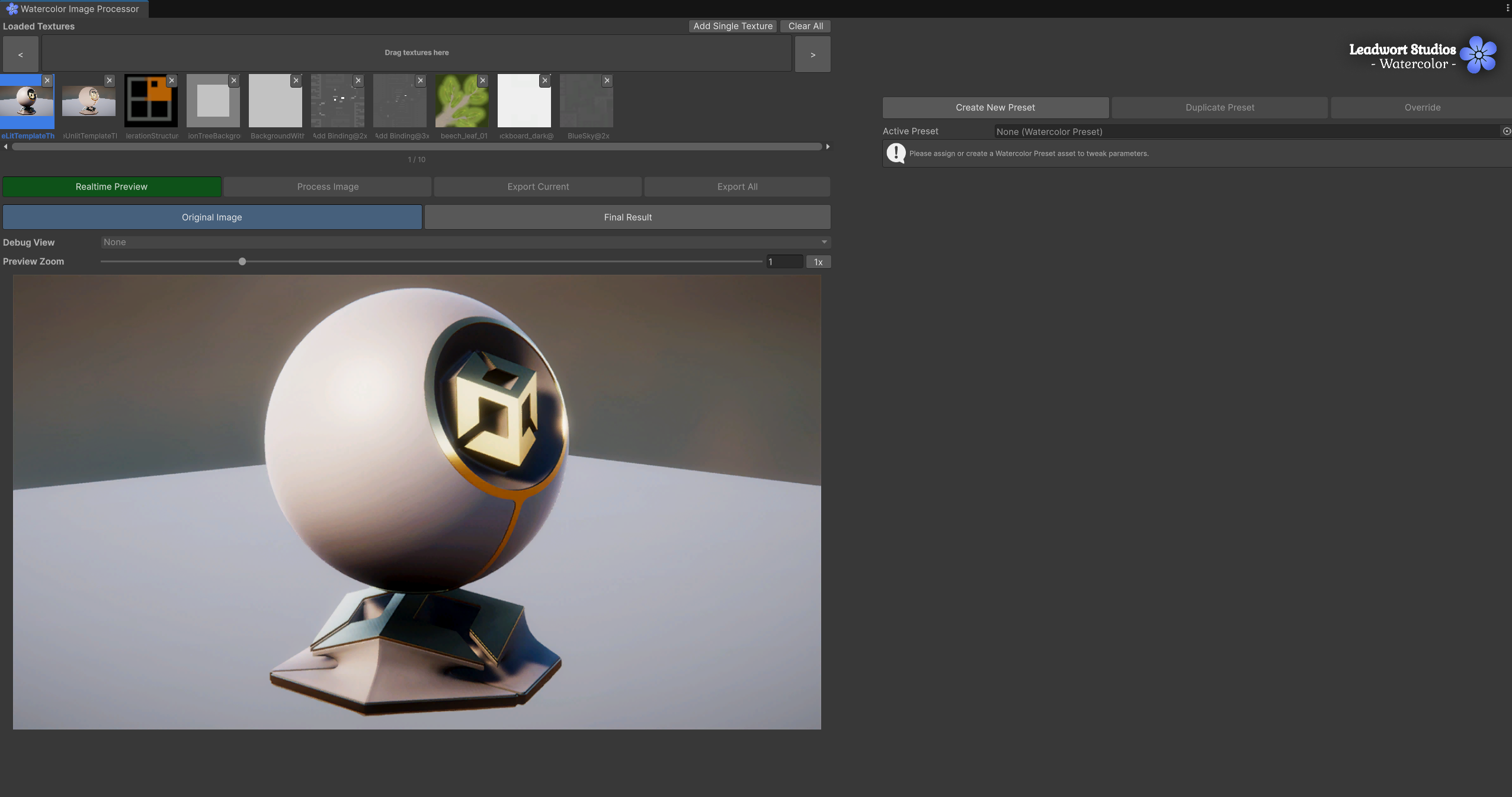 Figure 4, the thumbnail strip with several textures loaded, one selected, and the remove button visible on hover