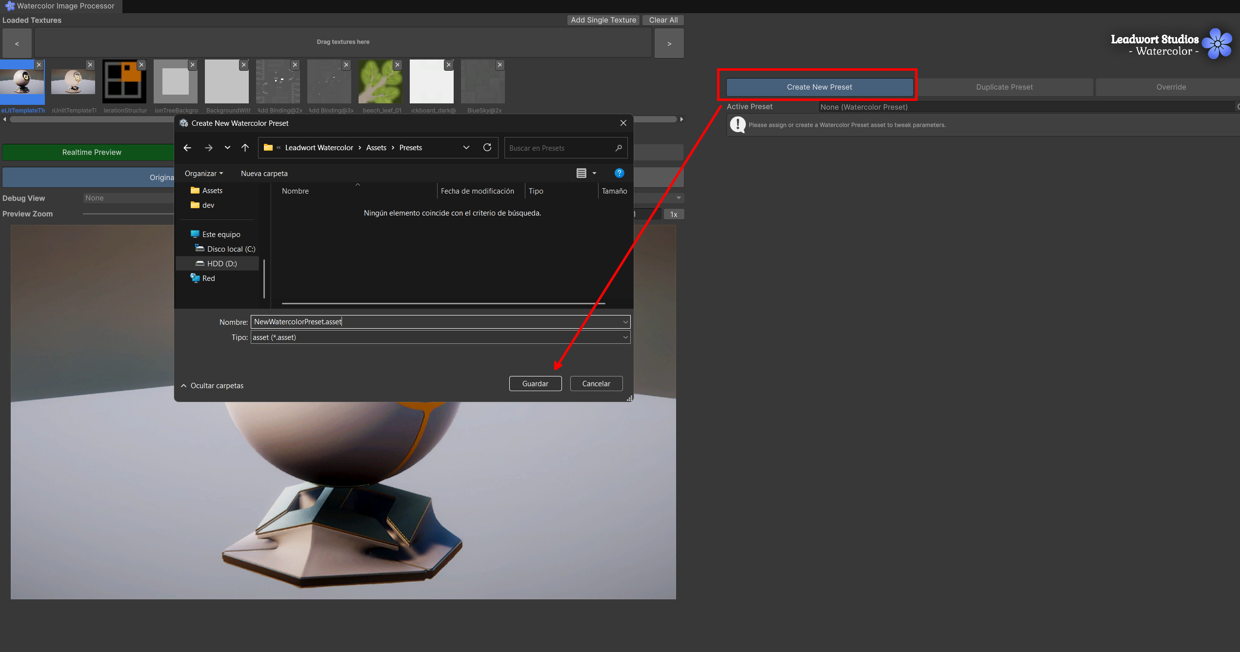 Figure 5, the Create New Preset / Duplicate Preset / Override button row, and Unity's Save File Panel dialog for naming a new preset asset