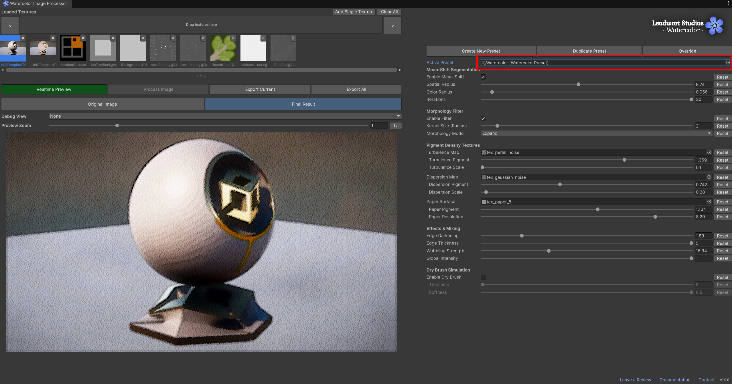 Figure 6, the Active Preset field with a preset already assigned, with the unlocked parameters panel visible in the background