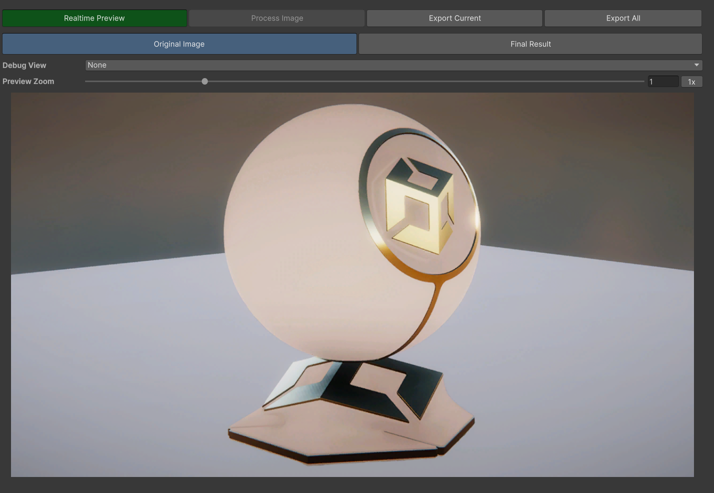 Figure 8, the Realtime Preview / Process Image / Export Current / Export All button row, with Realtime Preview toggled on